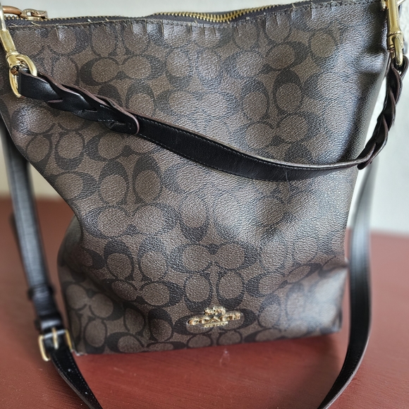 Coach Handbags - Coach Dark Brown Signature Canvas Shoulder Bag with Gold Hardware